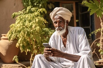 An elderly man with a mustache and a traditional Rajasthani turban, in national clothes, is sitting on the street with a phone and staring at it.