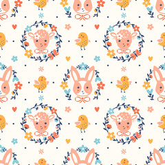 Spring, Easter holiday seamless pattern. Neat and clean vector background with little funny animals, birds and wreaths of flowers. Wrapping paper, background or light decorative textile products