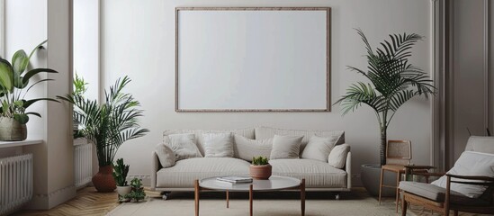 Sleek and vintage home interior featuring a white mock-up frame, stylish sofa, furniture, antique cupboard with chic decor, plants, and a coffee table. Comfy decor with a minimalist design. - obrazy, fototapety, plakaty