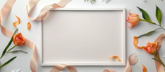 Top view mockup of a landscape poster frame with decorative elements like ribbons, flowers, and empty space on a grey background.
