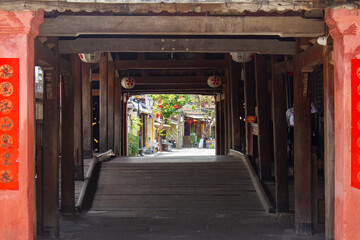 Fototapeta premium Inside View Of Pagoda Bridge In Hoi An, Vietnam. Pagoda Bridge Is A Famous Symbol Of Hoi An Ancient Town.