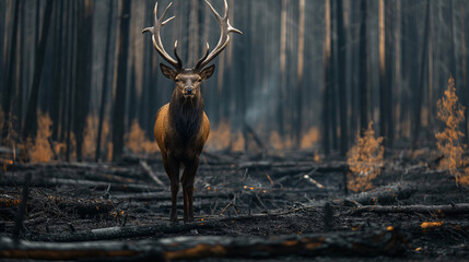 Ciervo en un bosque quemado después de un incendio  - obrazy, fototapety, plakaty