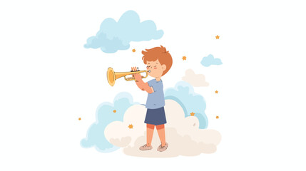 Obraz na płótnie Canvas Cute little boy playing trumpet in the clouds flat vector