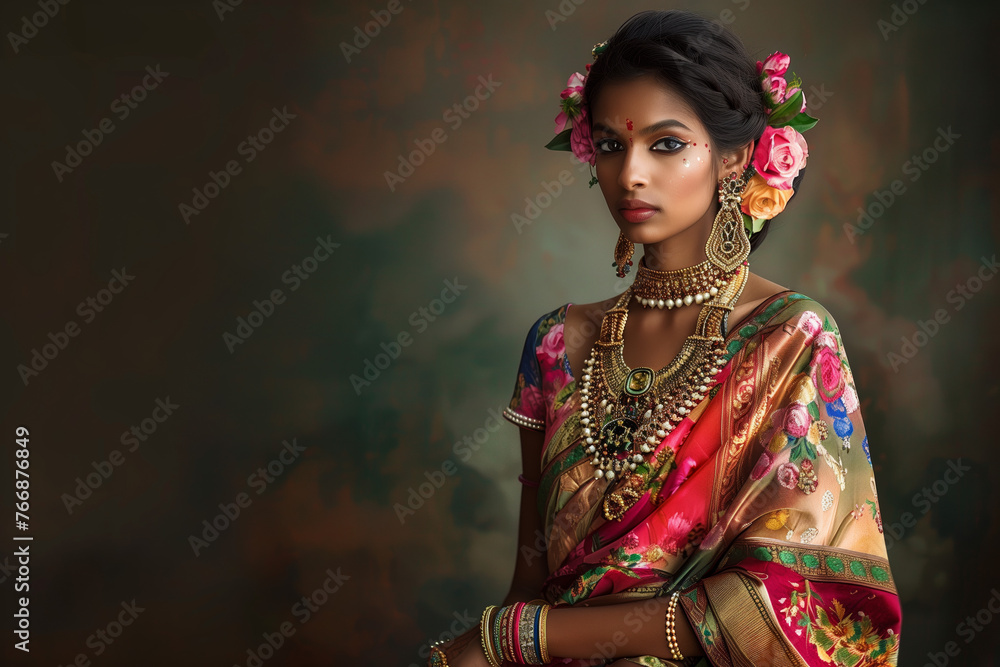Wall mural woman in traditional indian folk clothing and jewelry. she wears a patterned saree with a blouse, ne - Wall murals