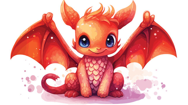 Cute red baby fantasy kawaii dragon with wings watercolor 