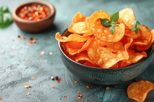 Crispy Golden Homemade Potato Chips. A bowl of freshly made golden potato chips, showcasing their crisp texture and homemade appeal on a rustic blue textured background.	
