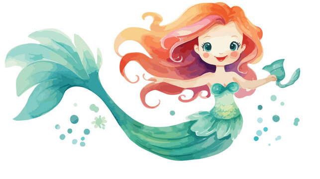 Cute whimsical watercolor mermaid flat vector isolated