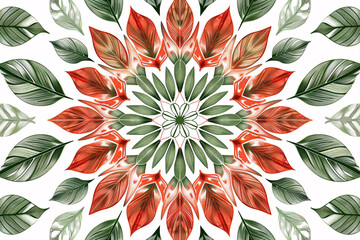 Mandalas coloring books for art therapy, complementary colors red and green for balance, nature mandala patterns with leaves and flowers, environmentally conscious adults, to connect with nature. - obrazy, fototapety, plakaty