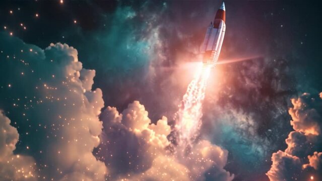 
The rocket was lifted into space. A spaceship launches with smoke in the starry sky