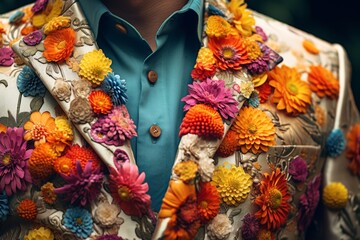 
Close-up image of a man, the collar of his jacket decorated with colorful flowers spilling out from the pocket
