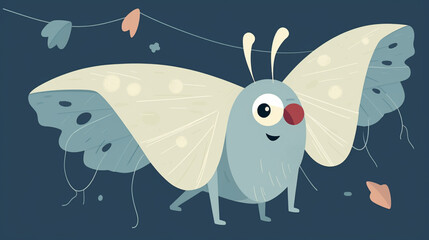 A moth with wings that look like a pair of worn out folded jeans on a laundry line cartoon minimal cute flat design(1) - obrazy, fototapety, plakaty
