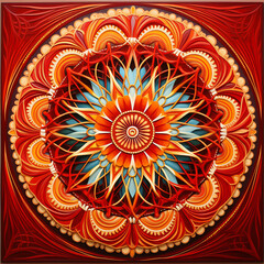 Red mandala art for passion and relaxation. Line patterns in warm colors ideal for adults seeking stress relief and art therapy. Mandala design with red for passionate relaxation and stress relief.