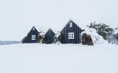 Traditional turf houses in a snow covered white landscape, Holar Iceland