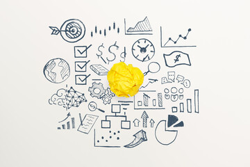 Yellow paper light bulb and business strategy on white background, Business success, innovation and solution concept