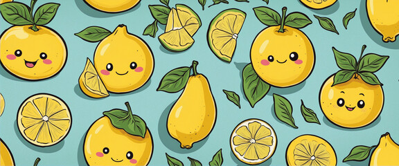 Vintage lemon fruit cartoon character illustration set. Trendy retro food mascot poster collection. Groovy print drawing in 70s comic art style. colorful background