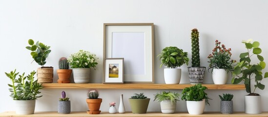 Scandinavian-style room featuring a mockup photo frame on a brown bamboo shelf adorned with a variety of stylish pots filled with beautiful plants. The room has white walls and a modern,