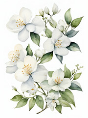 Fototapeta premium Jasmine flower clipart , white flowers on a white background, jasmine painting by watercolor