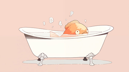 Naklejka premium Hand drawn cartoon illustration of cute goldfish in bathtub 