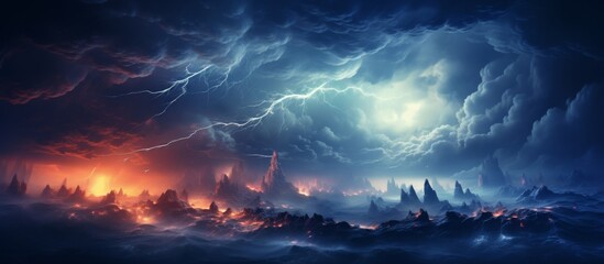 Dark cumulus clouds fill the sky as a lightning storm brews over the city, creating a dramatic natural landscape against the dusk horizon - obrazy, fototapety, plakaty