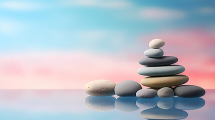 Fototapeta na wymiar Various pebbles arranged on colorful gradient background, peaceful and calm