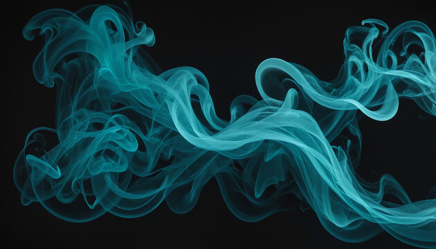 Teal blue blurry smoke wave on black background with copy space colorful background
