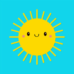 Yellow sun shining icon. Hello summer. Cute cartoon funny smiling character. Kawaii face with happy emotion. Baby collection. Childish style. Flat design. Blue sky background. Isolated. Vector - 766878464