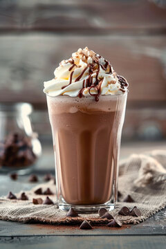 Chocolate Milkshake with Whipped Cream and Chocolate Drizzle. A chocolate milkshake topped with whipped cream, chocolate syrup, and chocolate shavings, served in a tall glass.