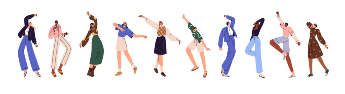 People dance set. Different happy dancers perform at party. Cheerful performers move by music. Young men and women have fun, celebrate, rejoice. Flat isolated vector illustration no white background