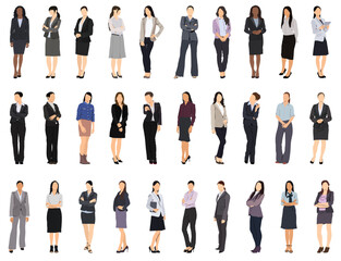 Set or collection of business people. Businesswoman standing on isolated white back ground.