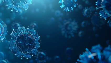 Macro image of a herpis virus cell on a blue background with copy space. Microbiology background concept. flu, influenza, - obrazy, fototapety, plakaty