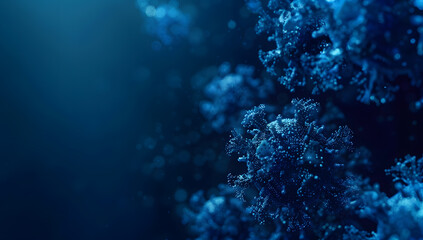 Macro image of a herpis virus cell on a blue background with copy space. Microbiology background concept. flu, influenza,