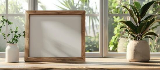 Empty wooden picture frame with an art print mock-up rests on the table.