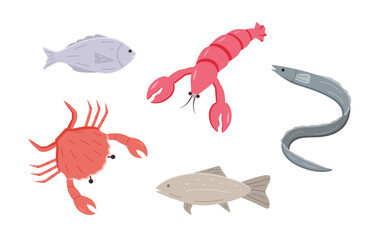 A set of cartoon drawings of marine animals. Vector illustration of fish, algae, eel, crab, lobster. Isolated on white. - 766879469