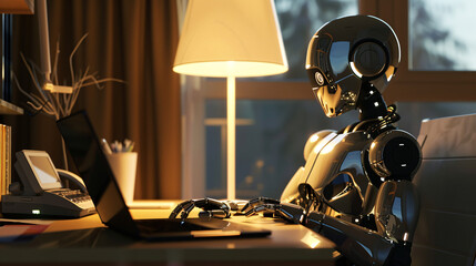  a humanoid robot is sitting at a desk, working on a laptop