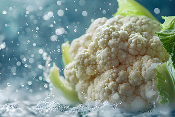 Fresh cauliflower with water droplets against a blurred background - obrazy, fototapety, plakaty