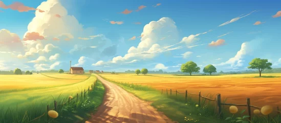 Rolgordijnen A dirt road winds through a field of golden wheat under a vast blue sky with fluffy white clouds, creating a serene natural landscape © AkuAku