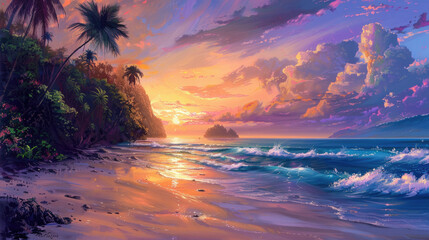 beach with crystal clear water, palm trees, and a colorful sunset. oil paint - obrazy, fototapety, plakaty