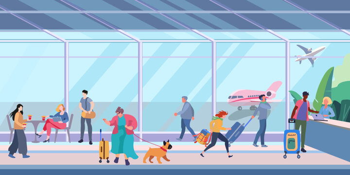 Airport waiting room. Interior inside the airport terminal with people and luggage. A plump woman with a dog. Flight check in counter.. Flat vector illustration for banner, poster and advertising