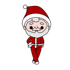 A cartoonish drawing of Santa Claus with a red hat and red suit. He is standing with his hands on his hips and looking to the right