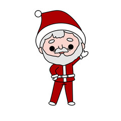 A cartoonish drawing of Santa Claus waving. The drawing is in red and white and is on a white background