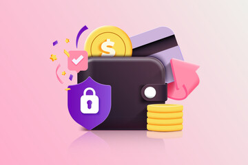 Cashback and money refund illustration concept. Wallet, dollar bill and coin stack, online payment on pink peach background. 3d Vector illustration - 766880245
