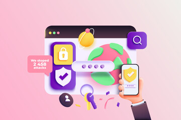 Cyber security internet and networking concept. Shield shape with padlock. Safety and privacy. Cartoon realistic illustration isolated on pink background. 3D vector illustration - 766880272