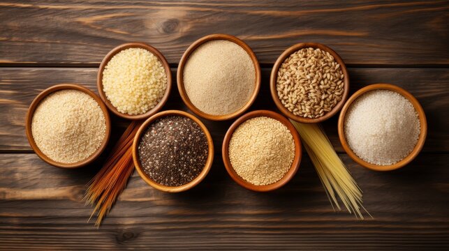 Organic Products : Bowls with different gluten free grains on wooden background