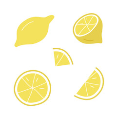Lemon set drawings, whole and lemon slices. Vector illustration of a yellow citrus fruit. - 766880456
