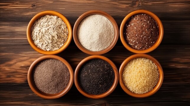 Organic Products : Bowls with different gluten free grains on wooden background
