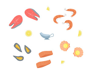 Seafood icons elements. Vector illustration of sea delicacies and sea cuisine. - 766880655