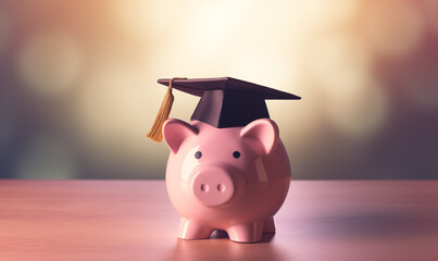 Piggy bank wearing a convocation graduation mortar board hat or cap. A college student education investment concept. - obrazy, fototapety, plakaty