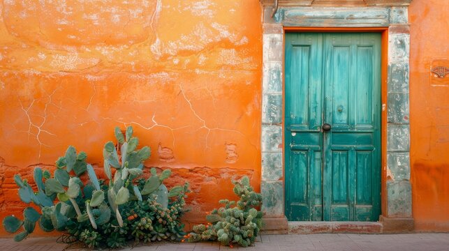 Traditional architecture with orange house with old wooden green door and on street