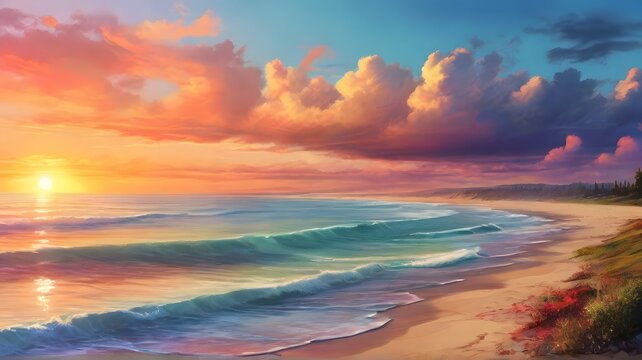 Sunrise over an ocean, beautiful waves on beach, colorful clouds above water landscape