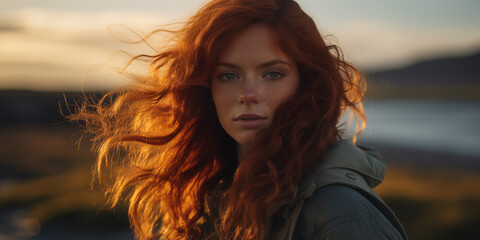 A woman female model with red hair blowing in the wind on a beach beauty fashion portrait concept